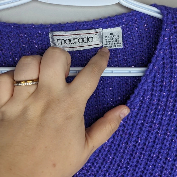 Vintage Maurada XL Purple & Sparkle Knit V  Neck Shoulder Pad Sweater Top - Picture 4 of 9